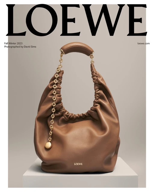 Loewe handbag in tan leather with a chain strap and gold hardware displayed against a neutral backdrop for a fashion advertisement.
