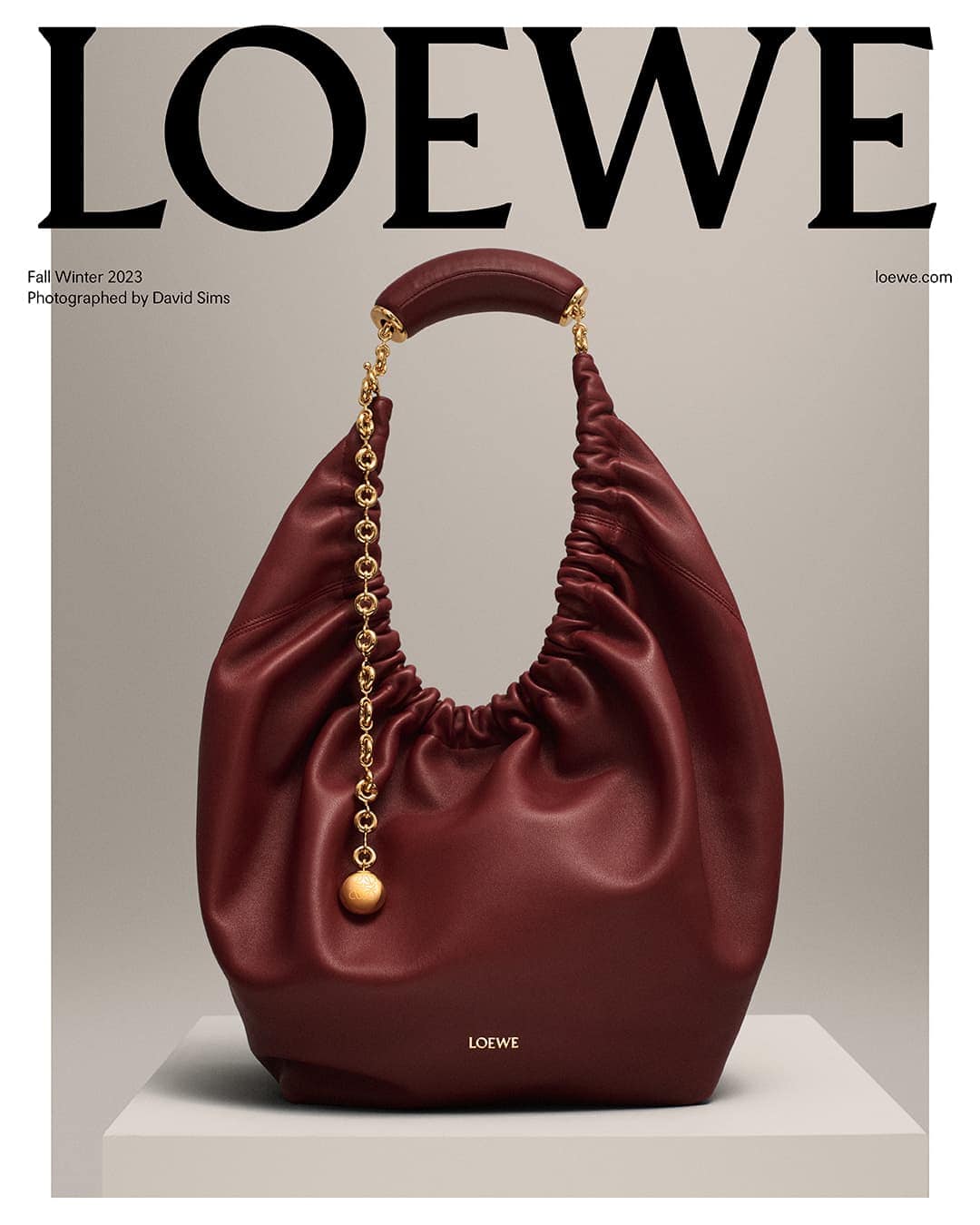 Burgundy Loewe hobo bag with gold chain strap and handle. Studio shot of the leather purse in a fashion advertisement.