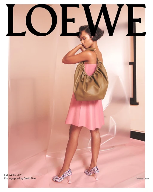 LOEWE fashion editorial featuring a woman with a tan purse wearing a pink dress and floral heels in a studio setting.  