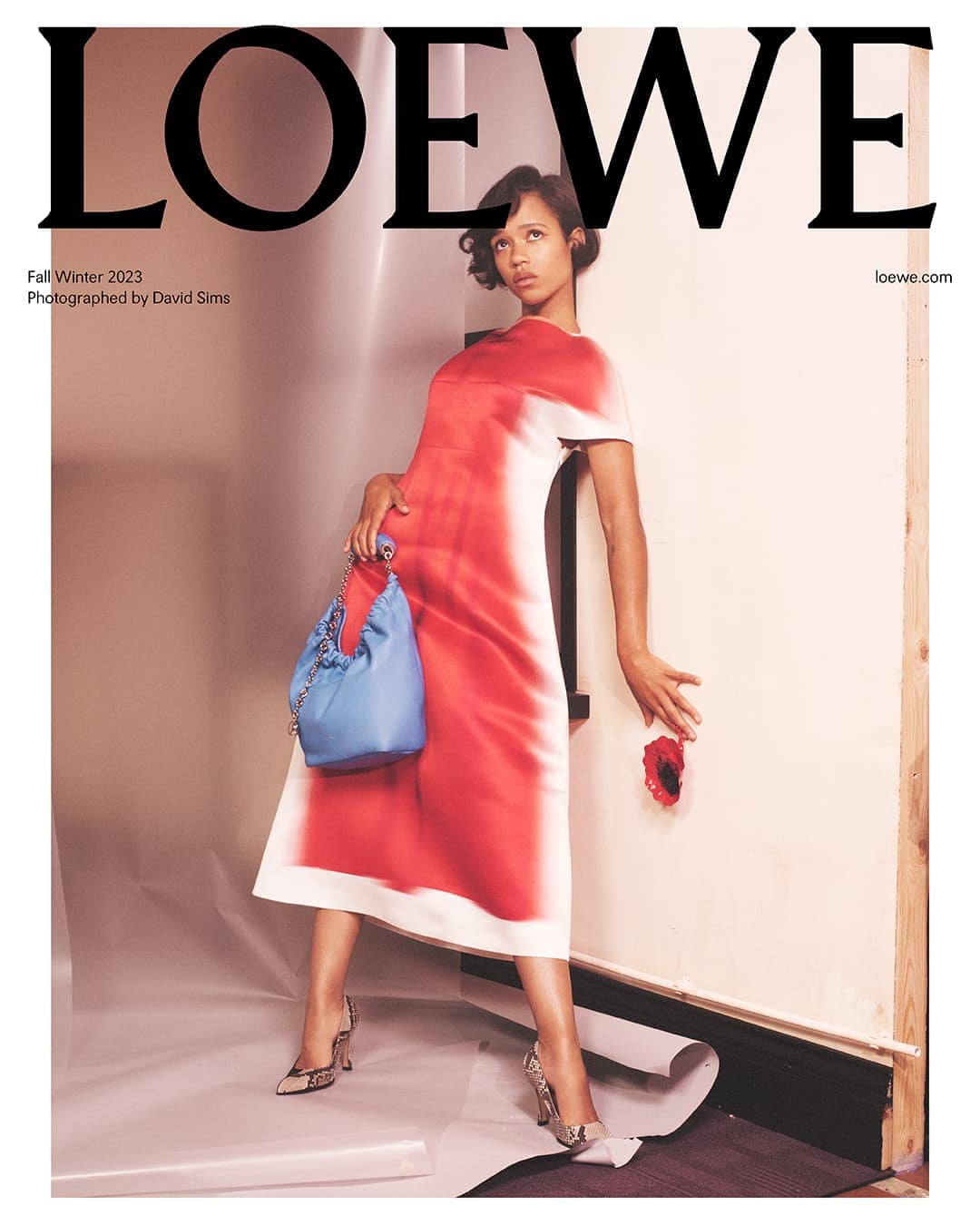 A woman models a red and white dress, holding a blue purse, in a fashion editorial shot. The image features a Loewe logo.