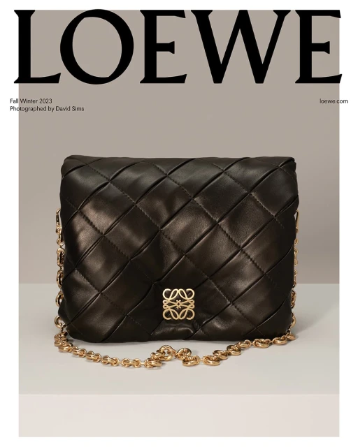 Loewe black nappa leather shoulder bag with chain strap and Anagram logo on a light grey background, studio photography.