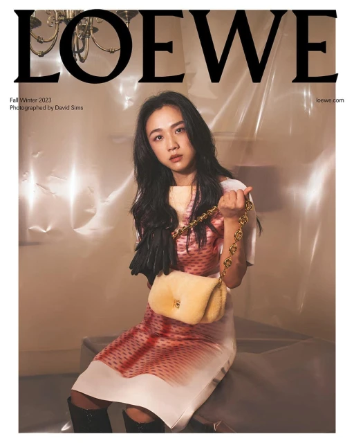 A woman with long black hair poses with a Loewe handbag on the cover of a magazine in front of a semi-transparent backdrop.