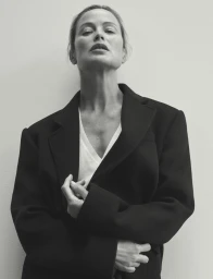 Carolyn Murphy posing in an oversized black tailored coat over a white v-neck top against a plain studio background.