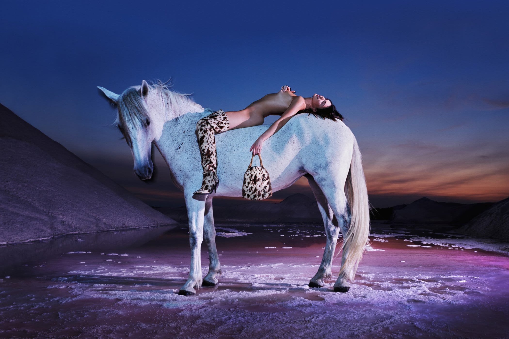 A nude woman in high-heeled boots lying on a white horse standing in a shallow pool of water in a surreal landscape at dusk.