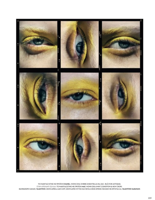 Eye close-ups with golden eyeshadow in a 3x3 grid, fashion beauty shot for editorial use, highlighting makeup artistry and eye detail.