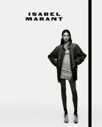 Monochrome fashion campaign image featuring a model wearing a leather jacket and dress against a white background