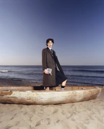 A model wearing a tailored brown coat and pleated skirt stands in a weathered wooden boat on a sandy beach beside the ocean.