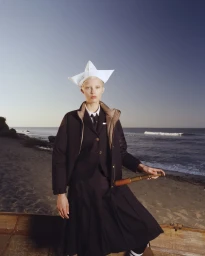 Model Lulu Wood wearing a Thom Browne pleated skirt, blazer, and folded paper boat hat holding a telescope on a beach in Montauk.