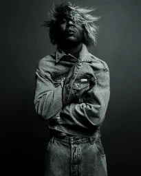 Kid Cudi posing with arms crossed in a Calvin Klein denim jacket and matching jeans against a dark studio background.