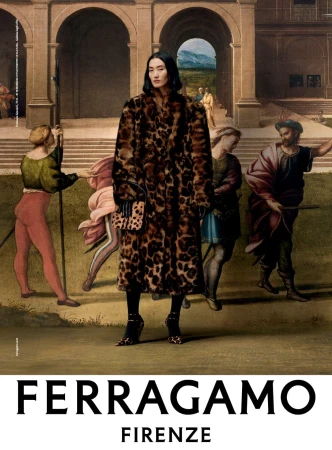 A fashion shot features a woman in a leopard print coat and matching handbag, set against a backdrop resembling a Renaissance painting.