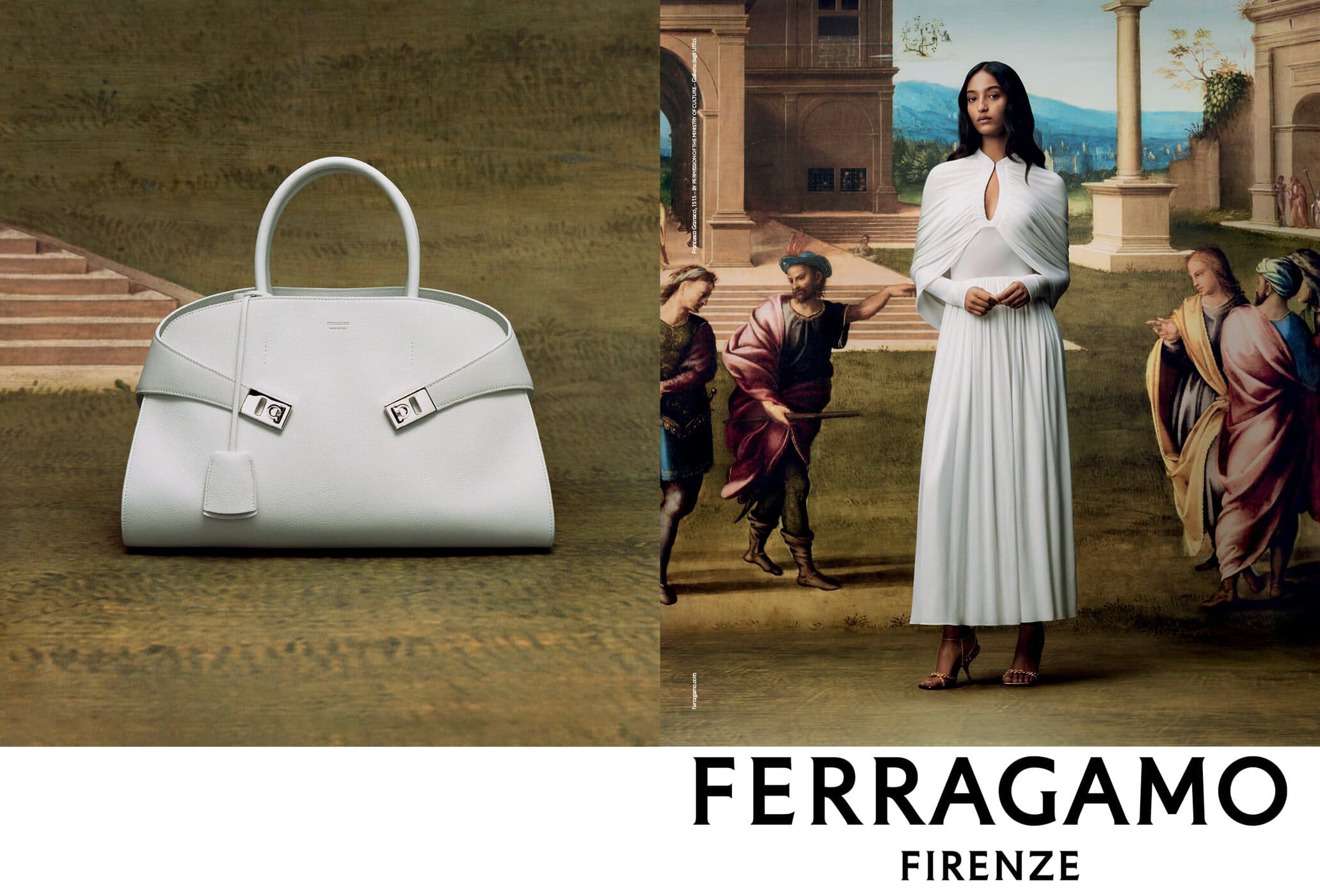 Fashion shot featuring a white leather handbag with a handle and lock hardware, and a woman in a white dress standing in front of painted artwork.