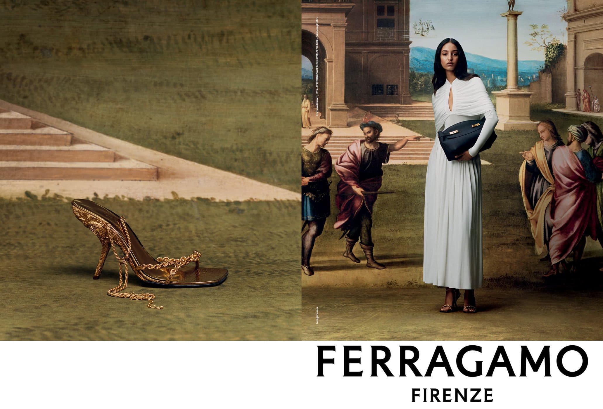 Ferragamo advert featuring a woman in white dress with purse against Renaissance backdrop, and a gold high-heeled sandal.
