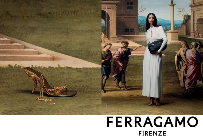 Ferragamo advert featuring a woman in white dress with purse against Renaissance backdrop, and a gold high-heeled sandal.