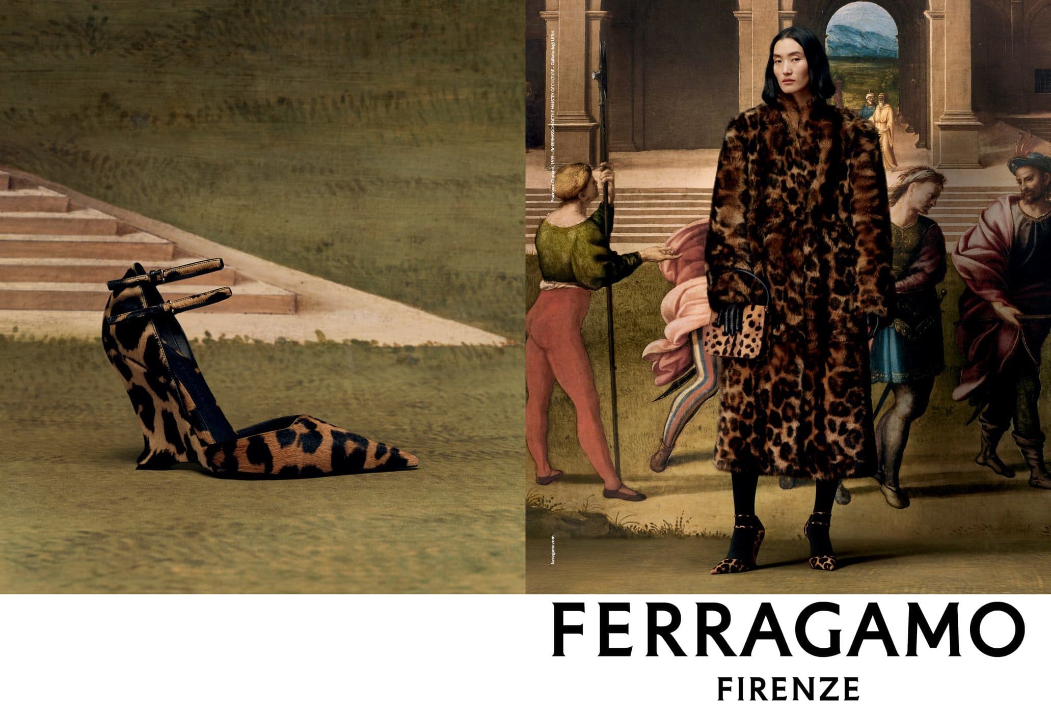 Fashion advertisement featuring a woman in an animal-print coat with a matching handbag and heels, posing in front of a classical painting.