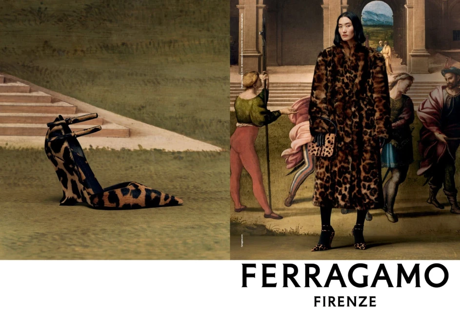 Fashion advertisement featuring a woman in an animal-print coat with a matching handbag and heels, posing in front of a classical painting.