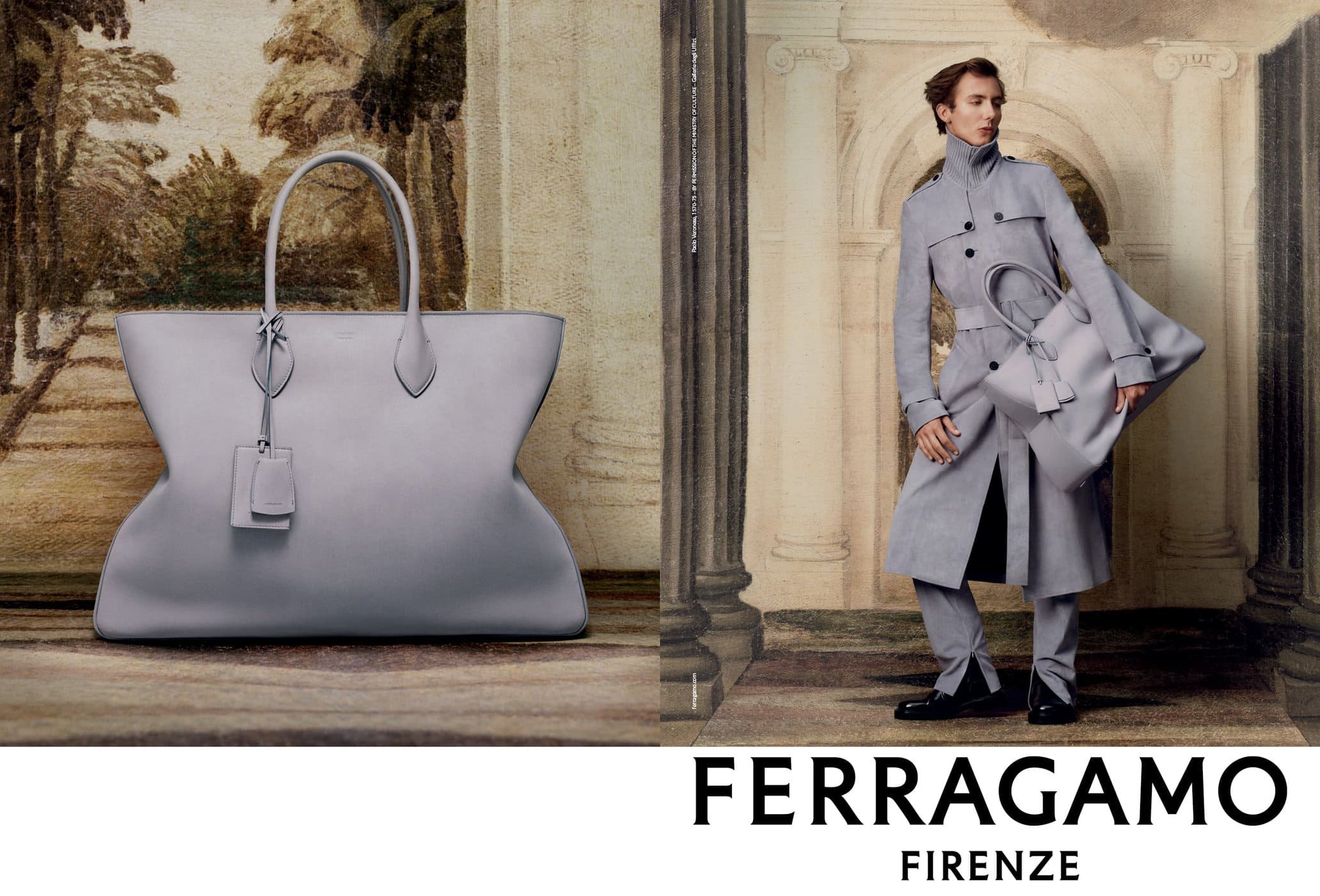 Fashion editorial featuring a large grey leather Ferragamo handbag and male model wearing a grey trench coat against an old world backdrop.