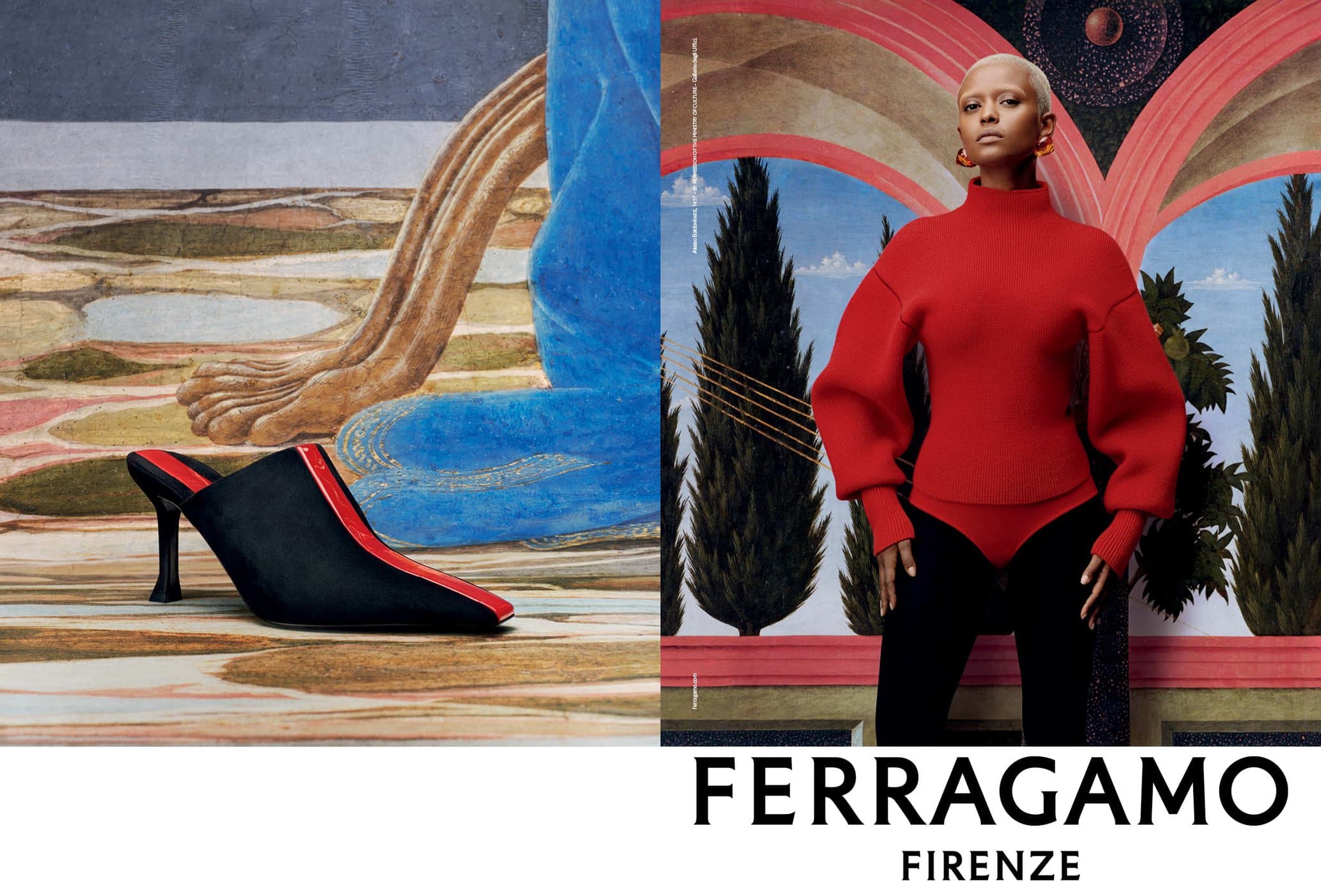 Fashion editorial shot with a black and red mule shoe alongside a woman in a red sweater and black leggings posing against a painted backdrop.