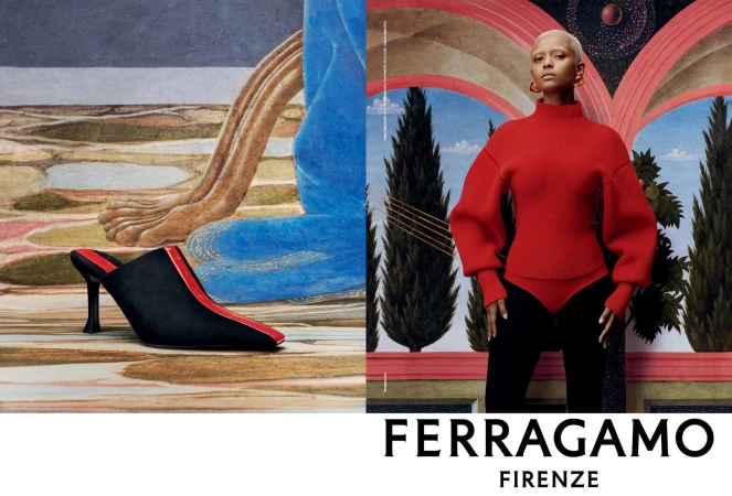Fashion editorial shot with a black and red mule shoe alongside a woman in a red sweater and black leggings posing against a painted backdrop.