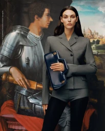 Model Vittoria Ceretti wearing a grey tailored blazer and holding a navy leather clutch against a Renaissance painting.