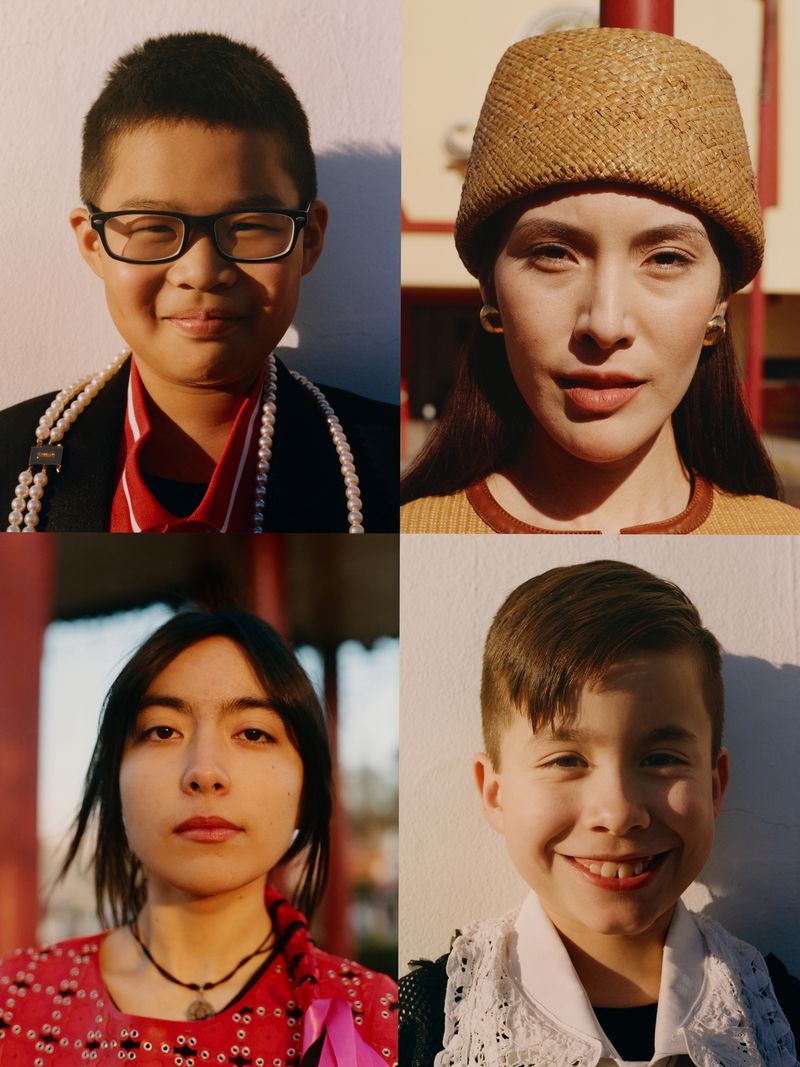 Four diverse faces in a grid: an Asian child in glasses and pearls, an Asian woman in a hat, an indigenous woman, and a smiling child.
