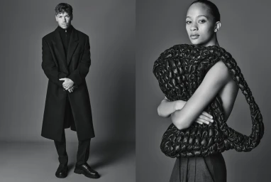 Black and white campaign diptych of Will Poulter in a tailored black coat alongside Selena Forrest holding an oversized quilted bag.