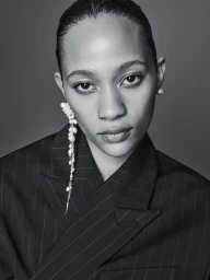 Close-up black and white portrait of Selena Forrest wearing a pinstripe blazer and pearl earrings for COS Fall 2023 campaign.