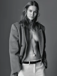 Monochrome studio portrait of a woman wearing an unbuttoned wool coat, white trousers, and a long pearl pendant necklace.