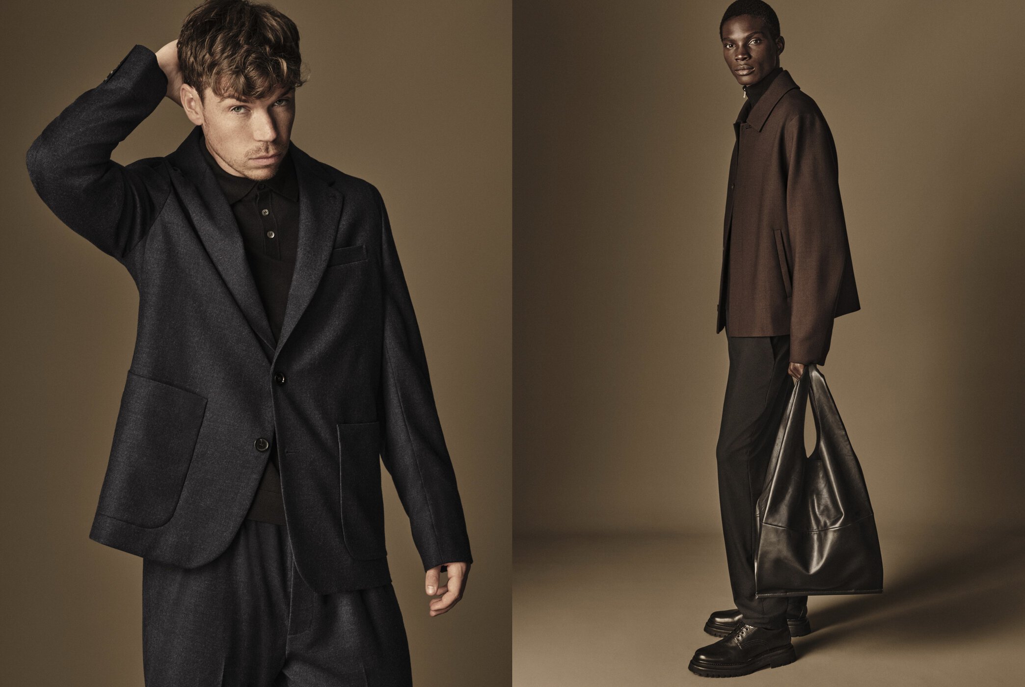 Two men posing in tailoring and outerwear against a warm neutral studio backdrop for COS fall campaign