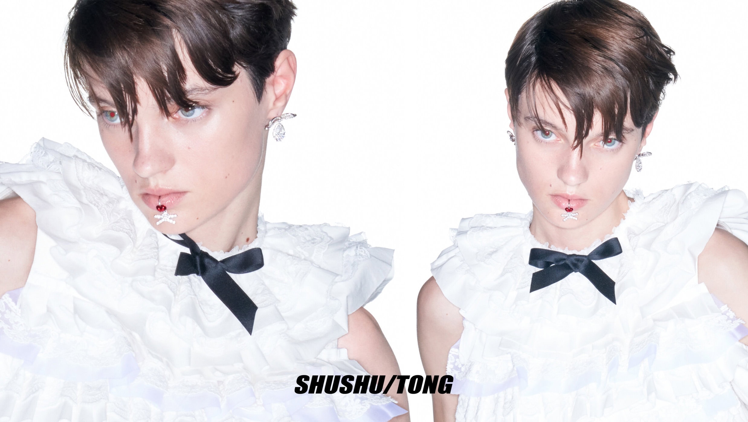 Two portraits of a young adult with short dark hair wearing a white ruffled dress with a black bow and lip jewelry against a white background.