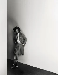 Black and white portrait of Jeremy O. Harris wearing a tailored blazer, pleated kilt, and boots against a plain wall.