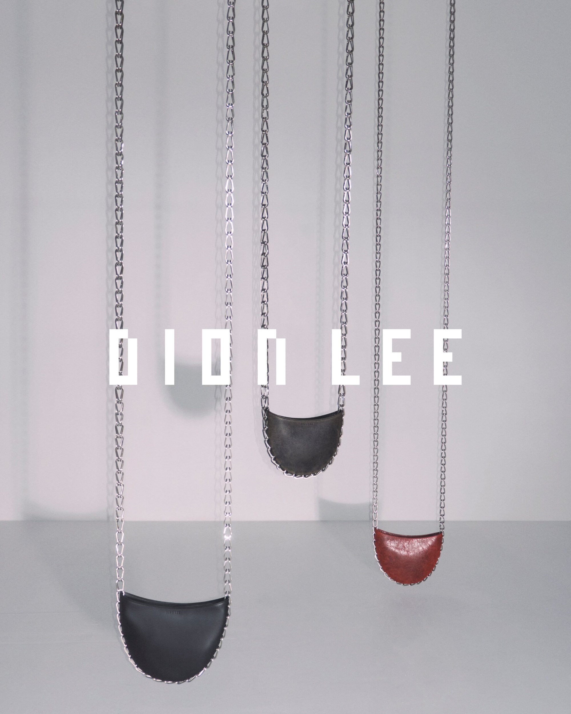 Three fashion purses hang suspended by silver chains against a white wall; the brand name DION LEE is centered in front of them.