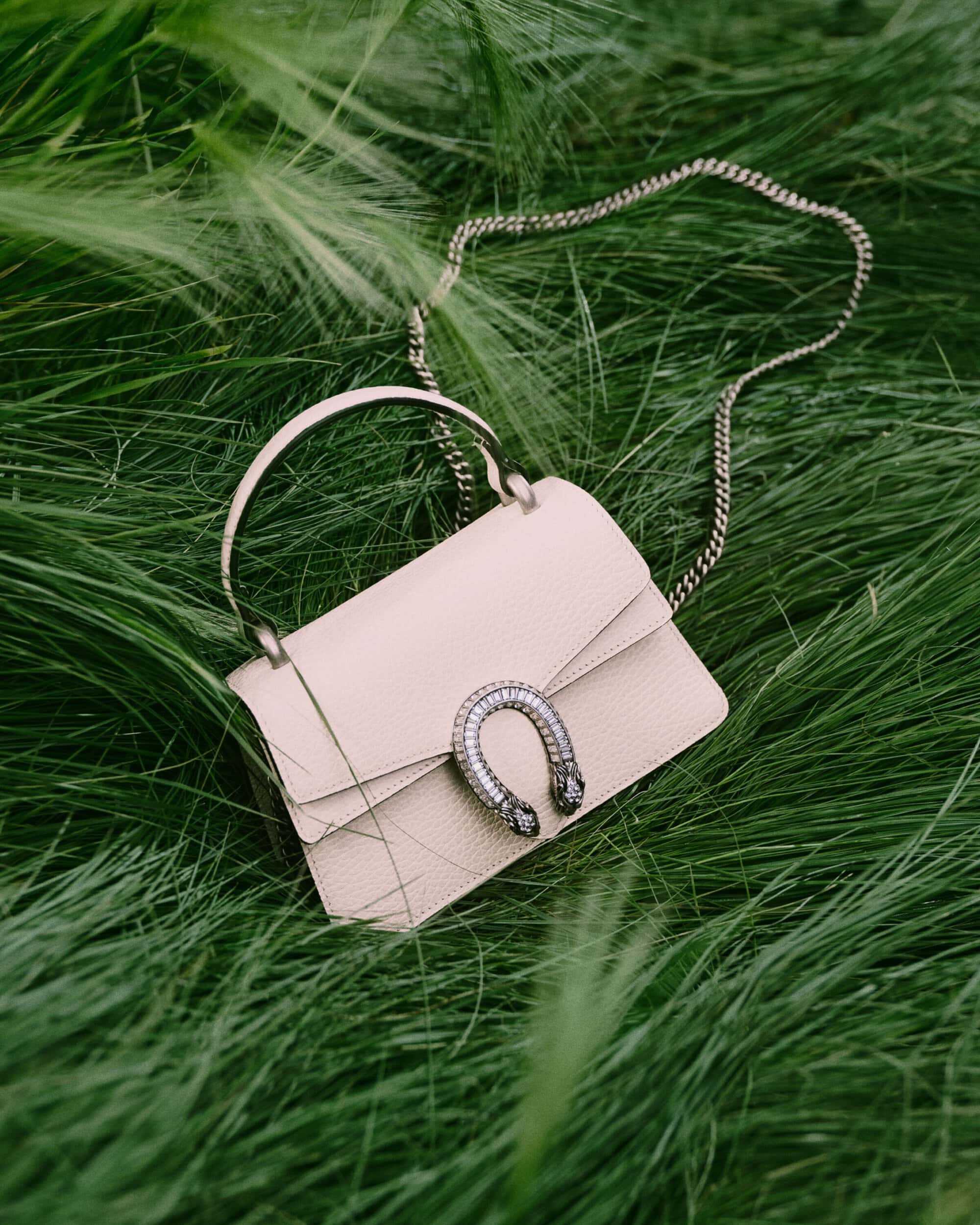Elegant cream-colored leather handbag with silver chain and jeweled clasp displayed on a vibrant bed of green grass.