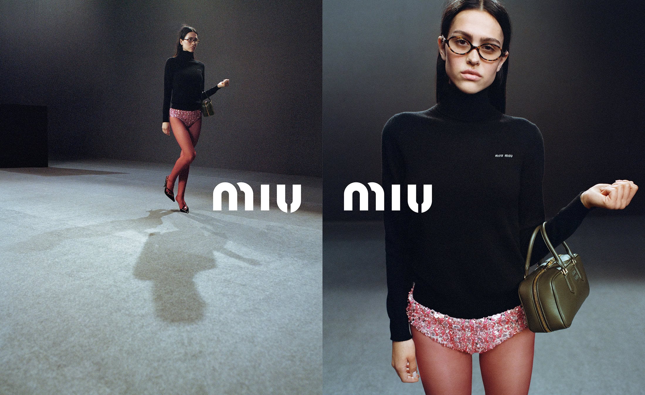Fashion shot of a young woman in a black turtleneck, shiny shorts, and glasses, holding a purse, standing in front of a logo.