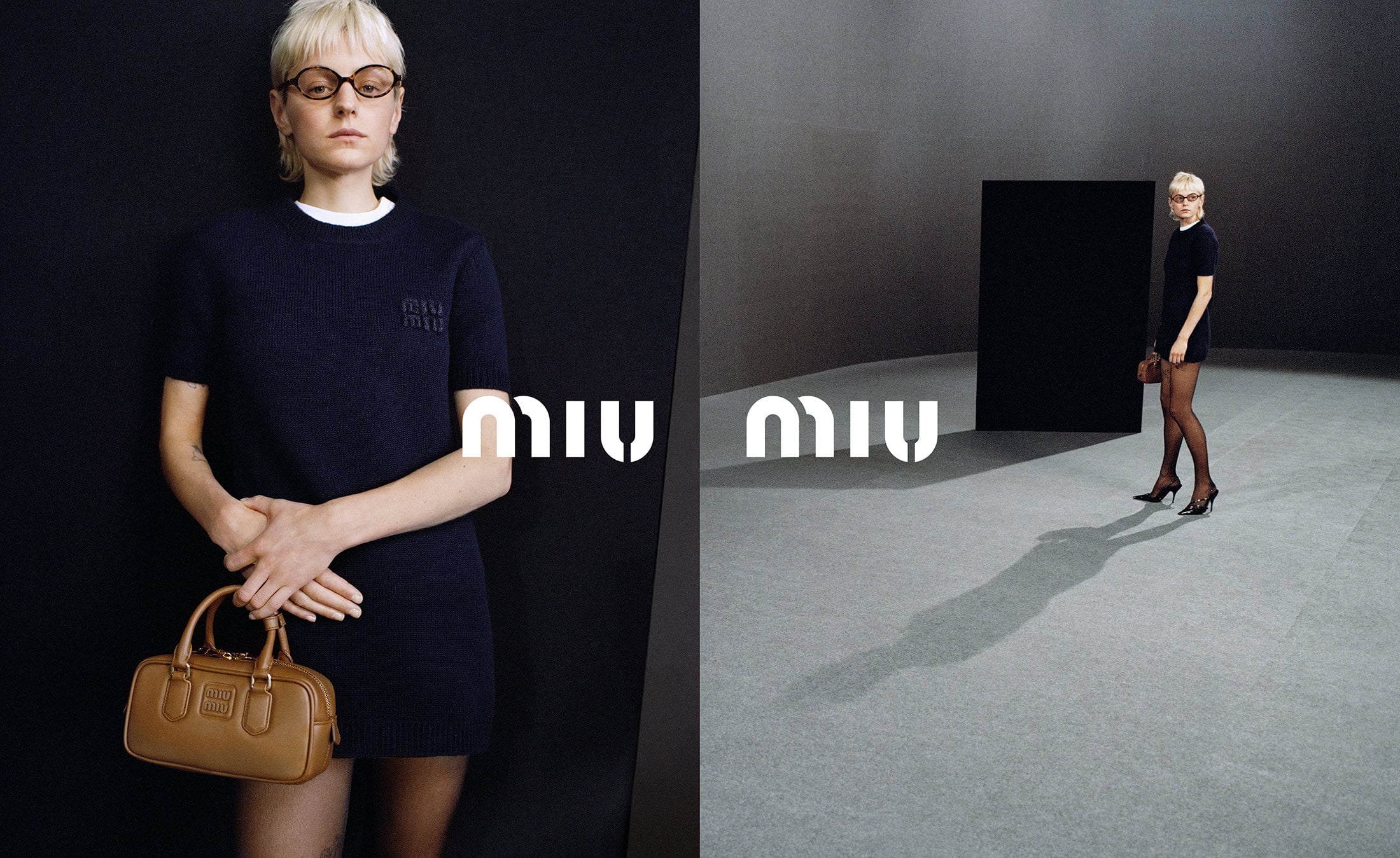 Fashion brand campaign: Woman with short blonde hair wearing a navy blue dress and black heels standing next to a logo in a studio.