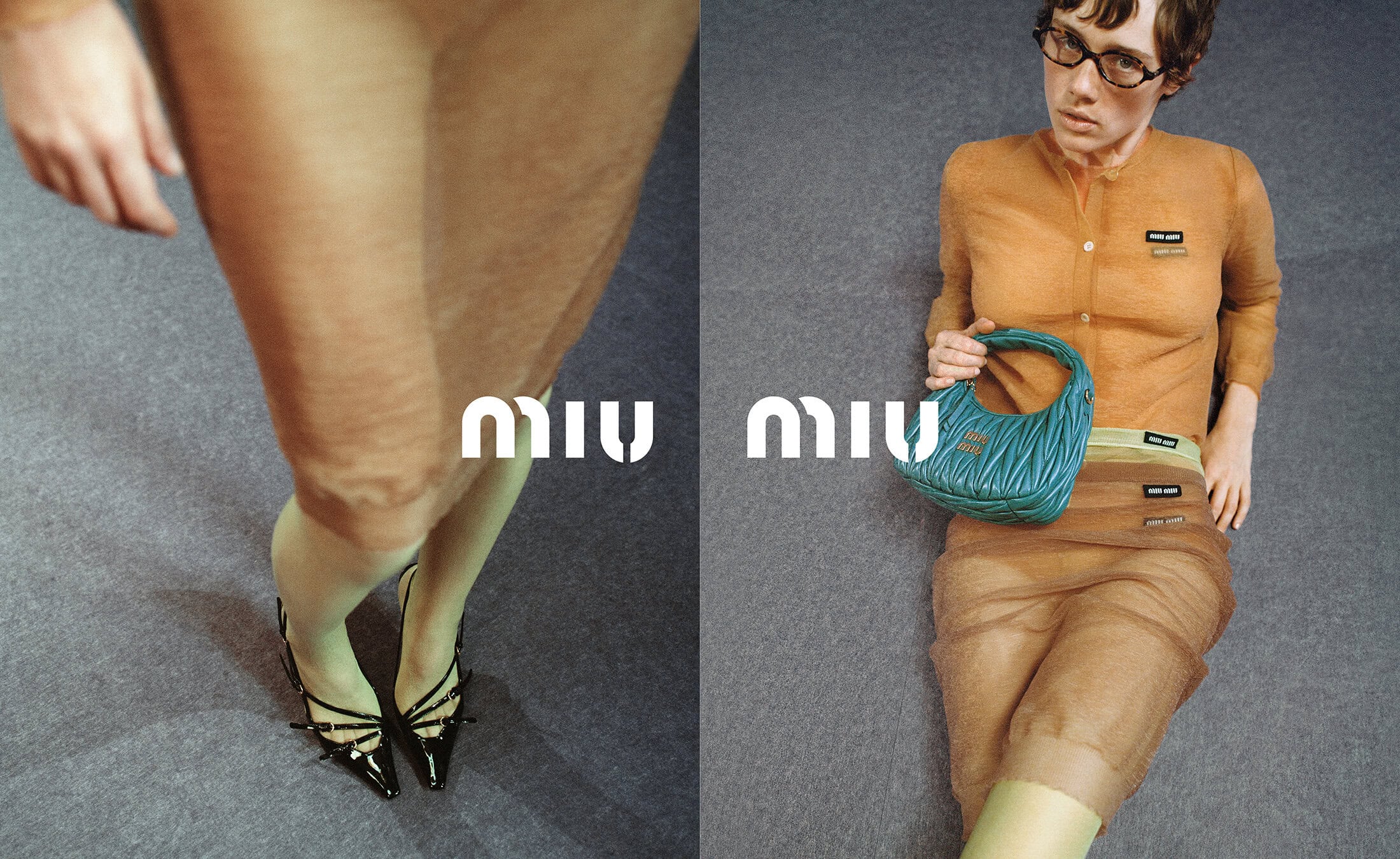 Fashion shot featuring a woman in a tan cardigan and sheer skirt, holding a turquoise purse, with Miu Miu logos on a grey background.