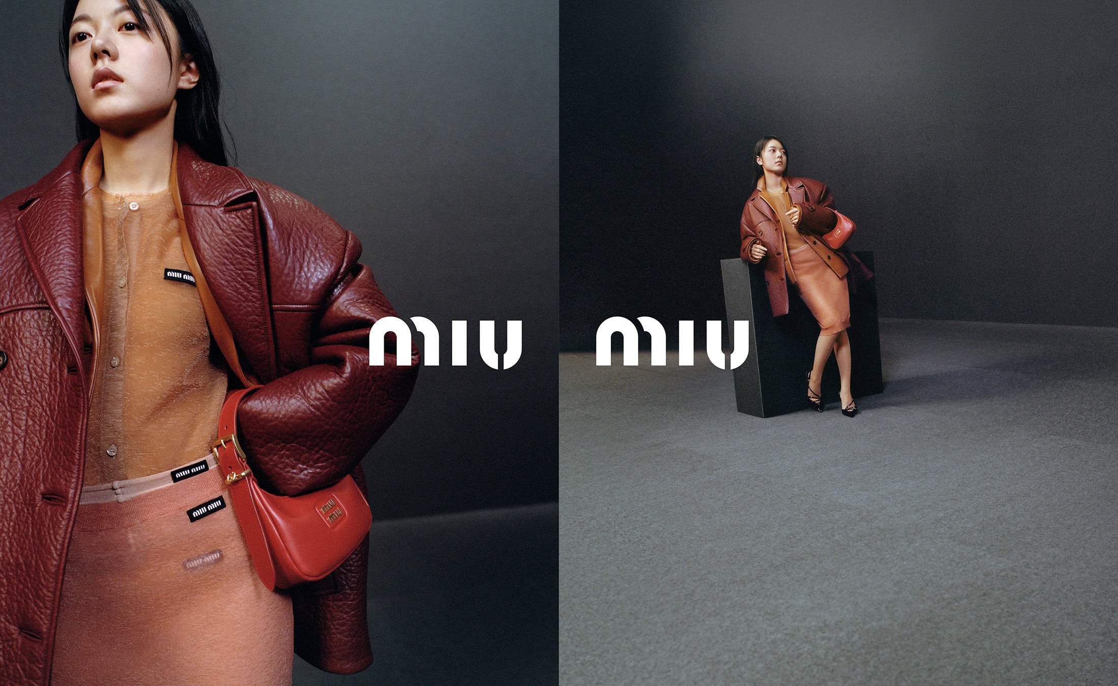 Two Asian women model MIU MIU apparel, one standing in a red coat with a purse, the other posing on a black block.