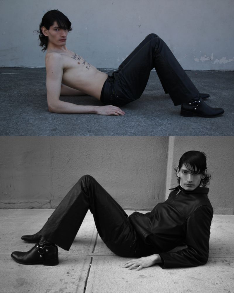 A split-image fashion shot of a young adult male model lying down with a bare chest in the top half and wearing a jacket in the bottom half.