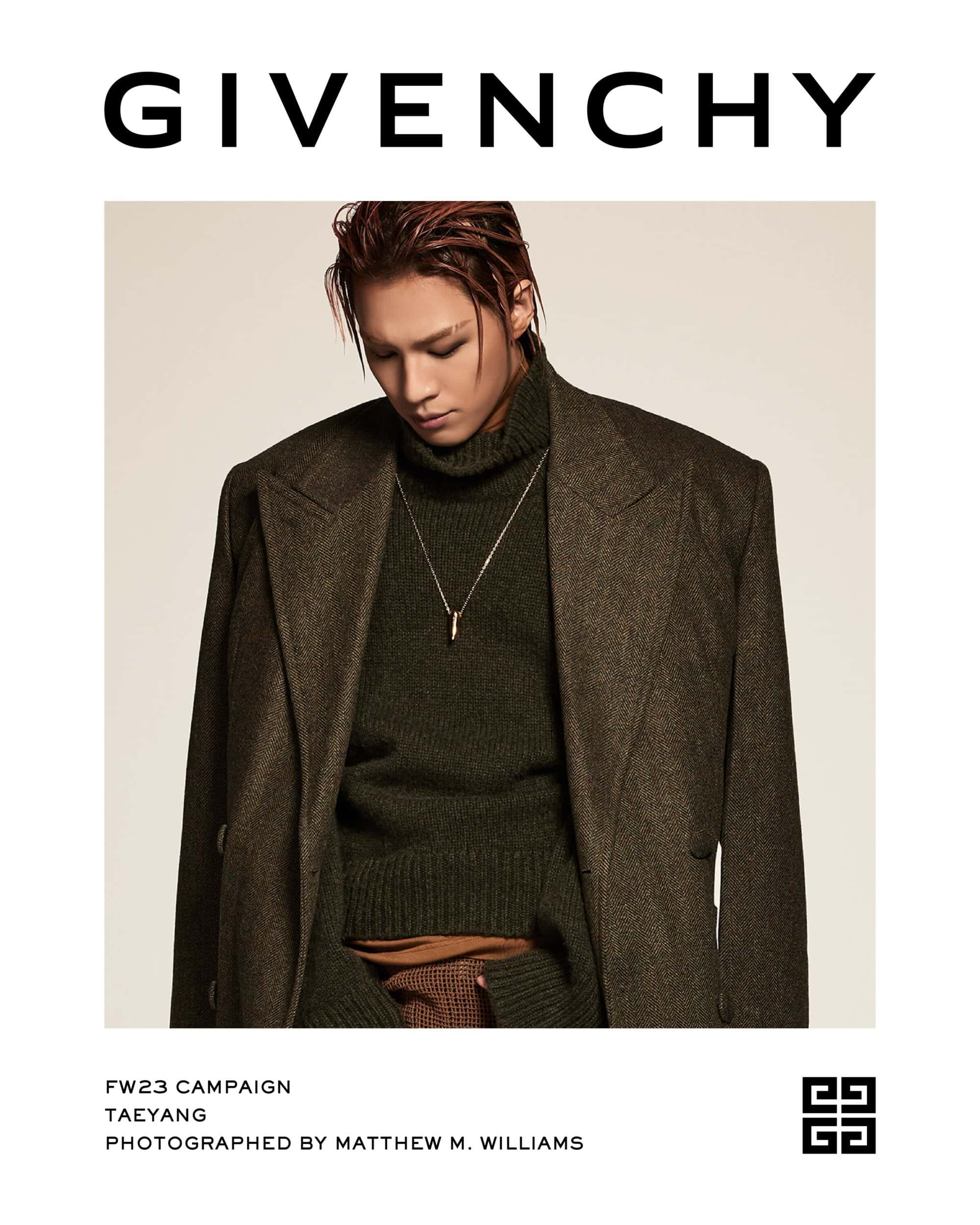 Man wearing a dark green sweater and dark grey coat in a fashion campaign, photographed by Matthew M. Williams for Givenchy FW23.