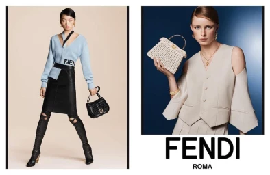 Diptych of models in Fendi campaign wearing light blue sweater with skirt and cream vest holding a woven handbag against neutral and blue backgrounds