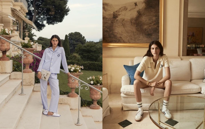 Two images of a female model showcasing casual fashion: pajamas on a staircase, and polo shirt and socks on a sofa in a living room.