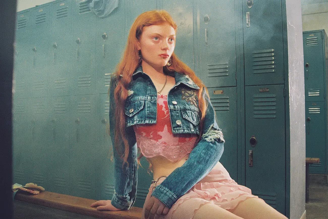 Red-haired young woman in jean jacket poses in locker room. She wears a pink top and skirt, accessorized with earrings and necklace.