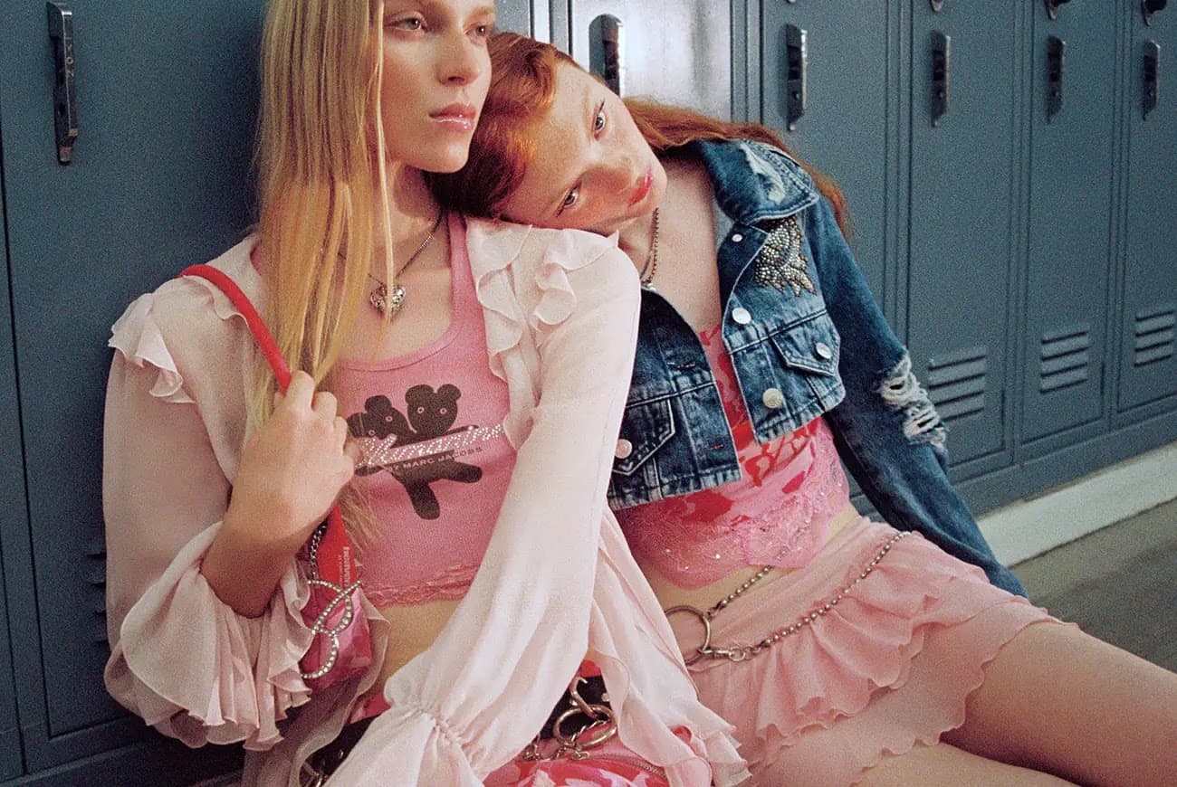 Two women in Y2K fashion pose indoors against lockers, showcasing pink tops, denim jackets, and mini skirts with a retro aesthetic.