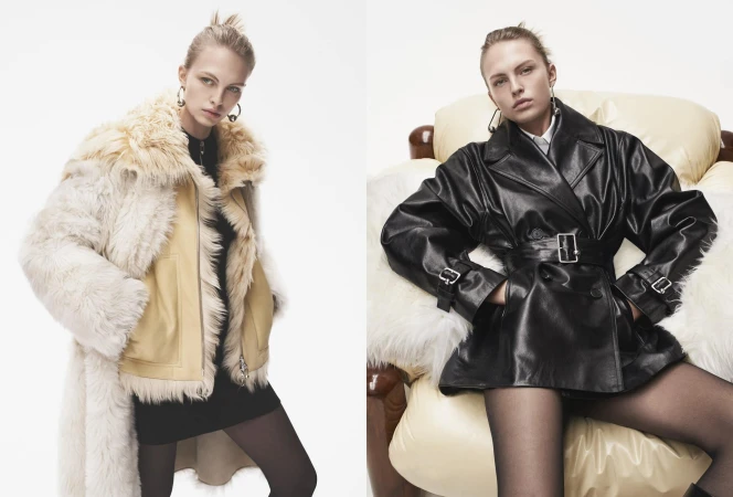 Two women modeling different outerwear styles in a studio: one in a fur-trimmed coat, the other in a leather trench coat.