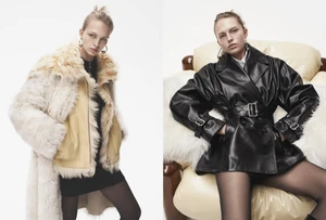 Diptych of model Karolina Spakowski wearing a cream shearling coat and a belted black leather jacket against a white backdrop.