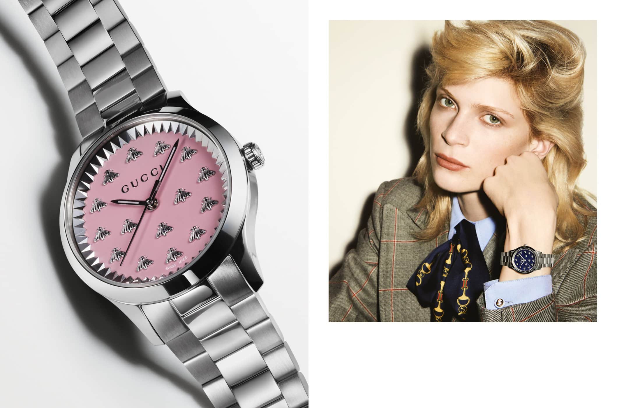 Close-up of a silver Gucci watch with a pink face featuring bee motifs alongside a woman wearing the watch in a blazer.