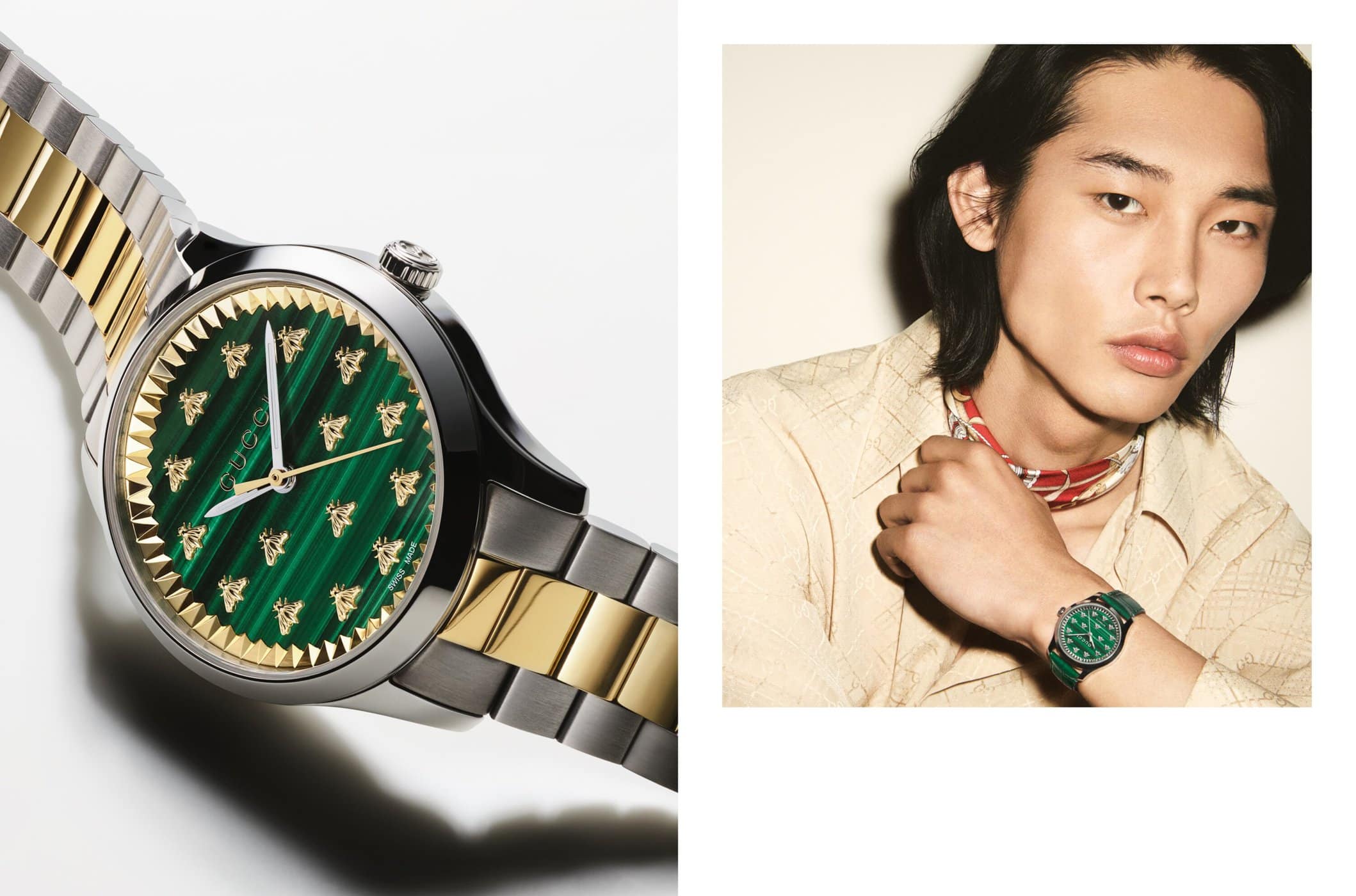 Wristwatches from Gucci featuring a man modeling a green dial watch with gold bee details and a stainless steel and gold two-tone bracelet.