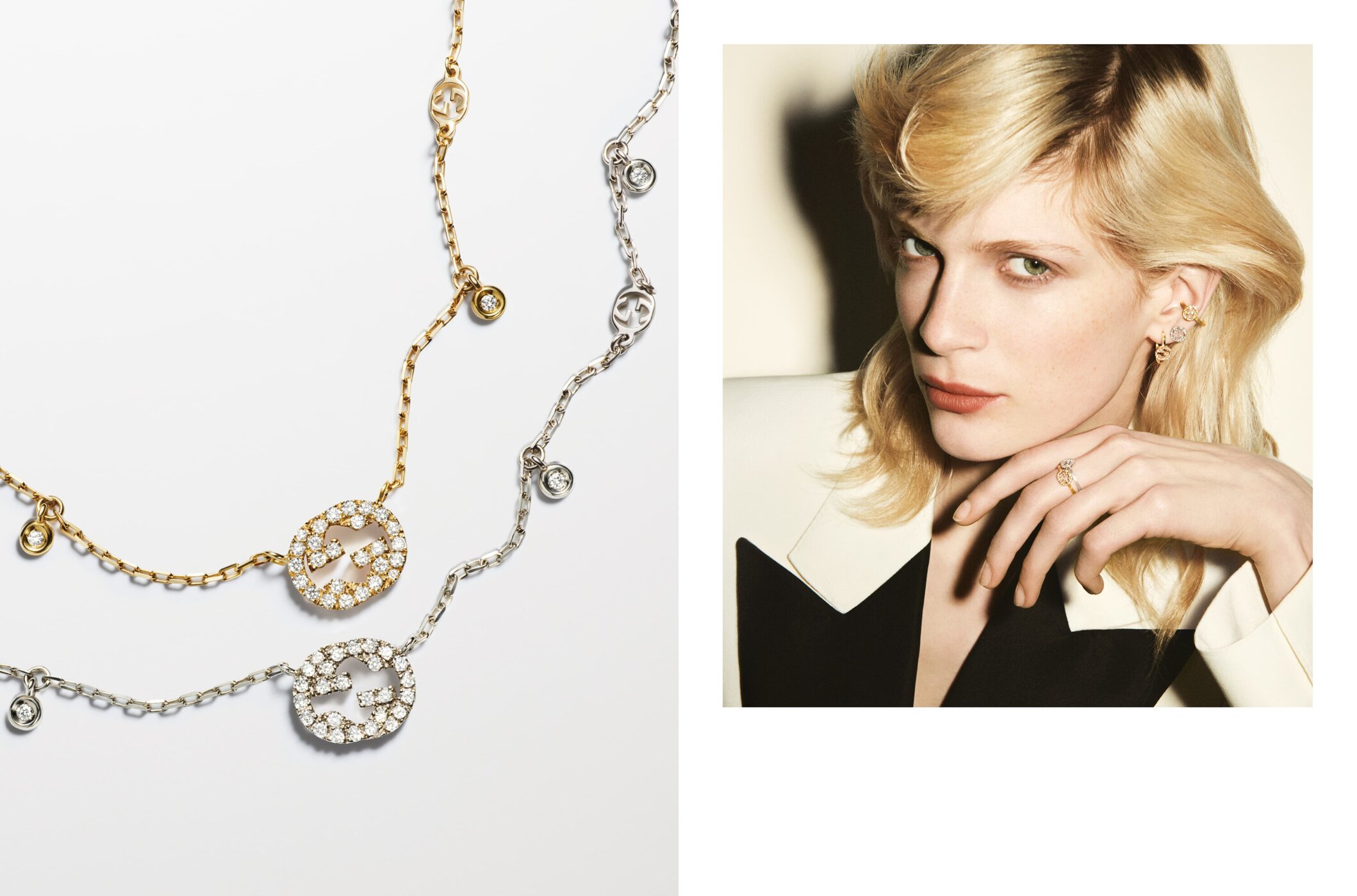 Elegant gold and silver Gucci necklaces are featured on a white surface, with a blonde model wearing Gucci jewelry on the right.