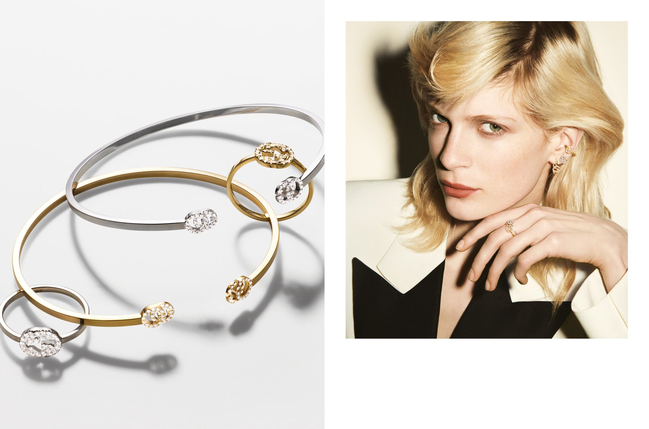 Close-up of a blonde model wearing jewelry juxtaposed with a collection of rings and bracelets in gold and silver tones.