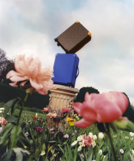 Two suitcases are stacked on a decorative stone pedestal in a vibrant flower garden with pink blossoms against a cloudy sky backdrop.