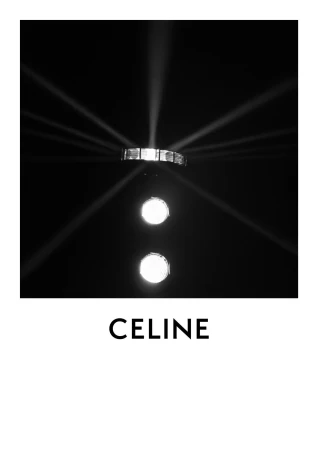 Abstract black and white image of stage lighting featuring spotlights and the CELINE logo against a dark, atmospheric background.
